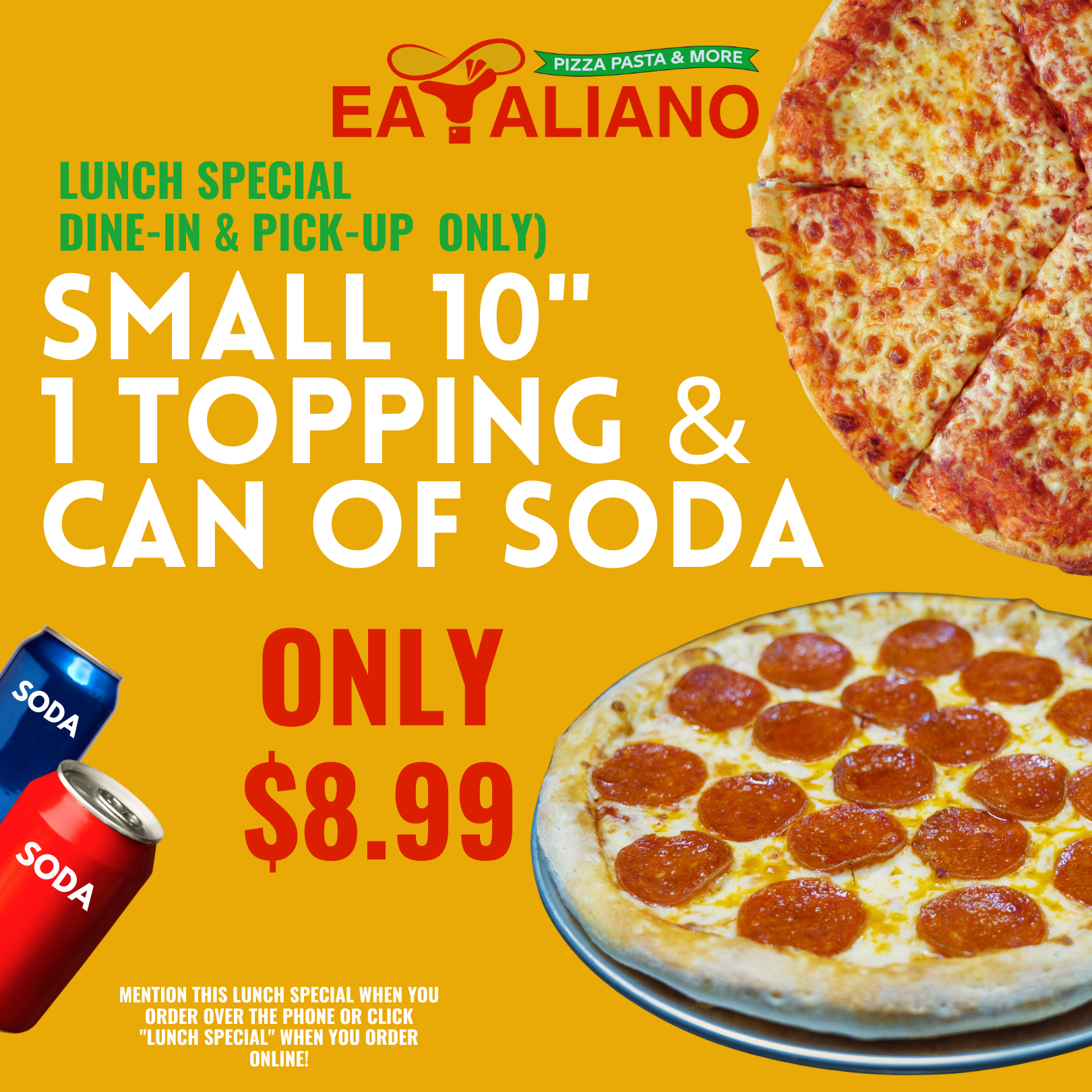 Small 10" 1 Topping & Can of Soda  $8.99