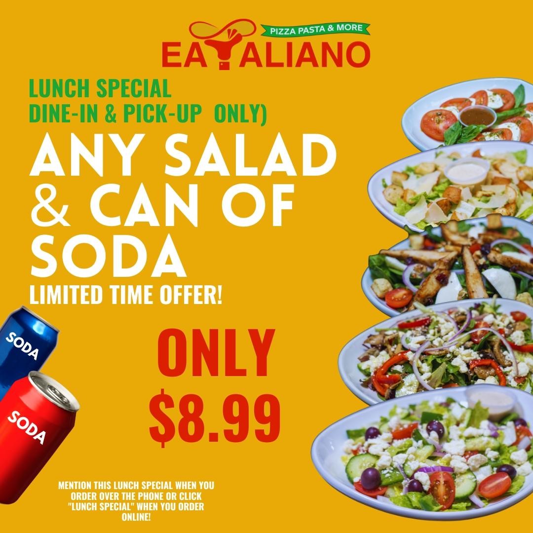 Any Salad & Can of Soda $8.99