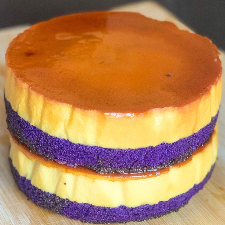 Ube Flan Layered Cake. We will cancel the order if it's placed less than 48 hours (takeout/delivery).