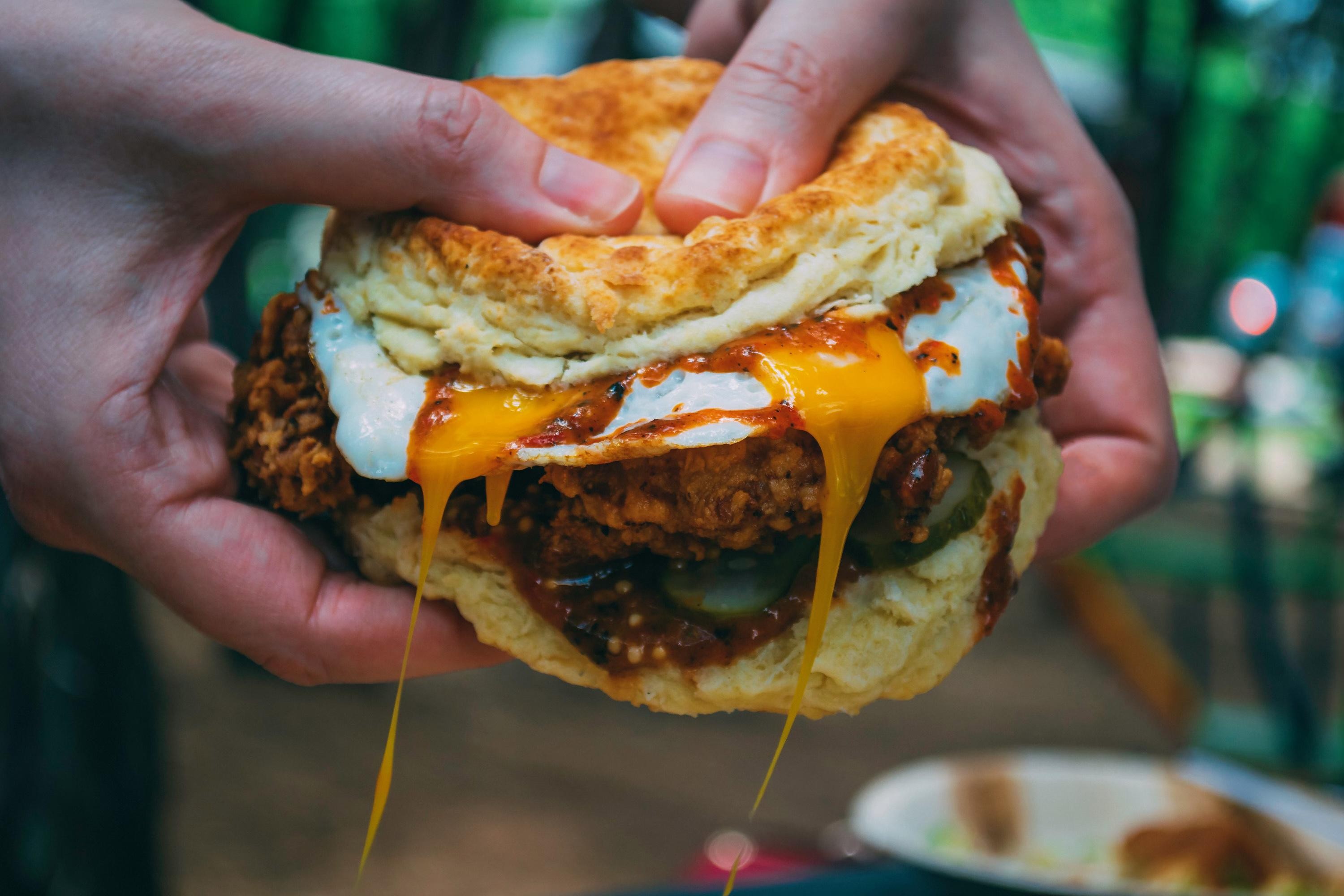 “The Sweet Heat” Buttermilk Fried Chicken, House Pickles, Sweet Heat Sauce, Sunny Egg, House-Made Whey Biscuit