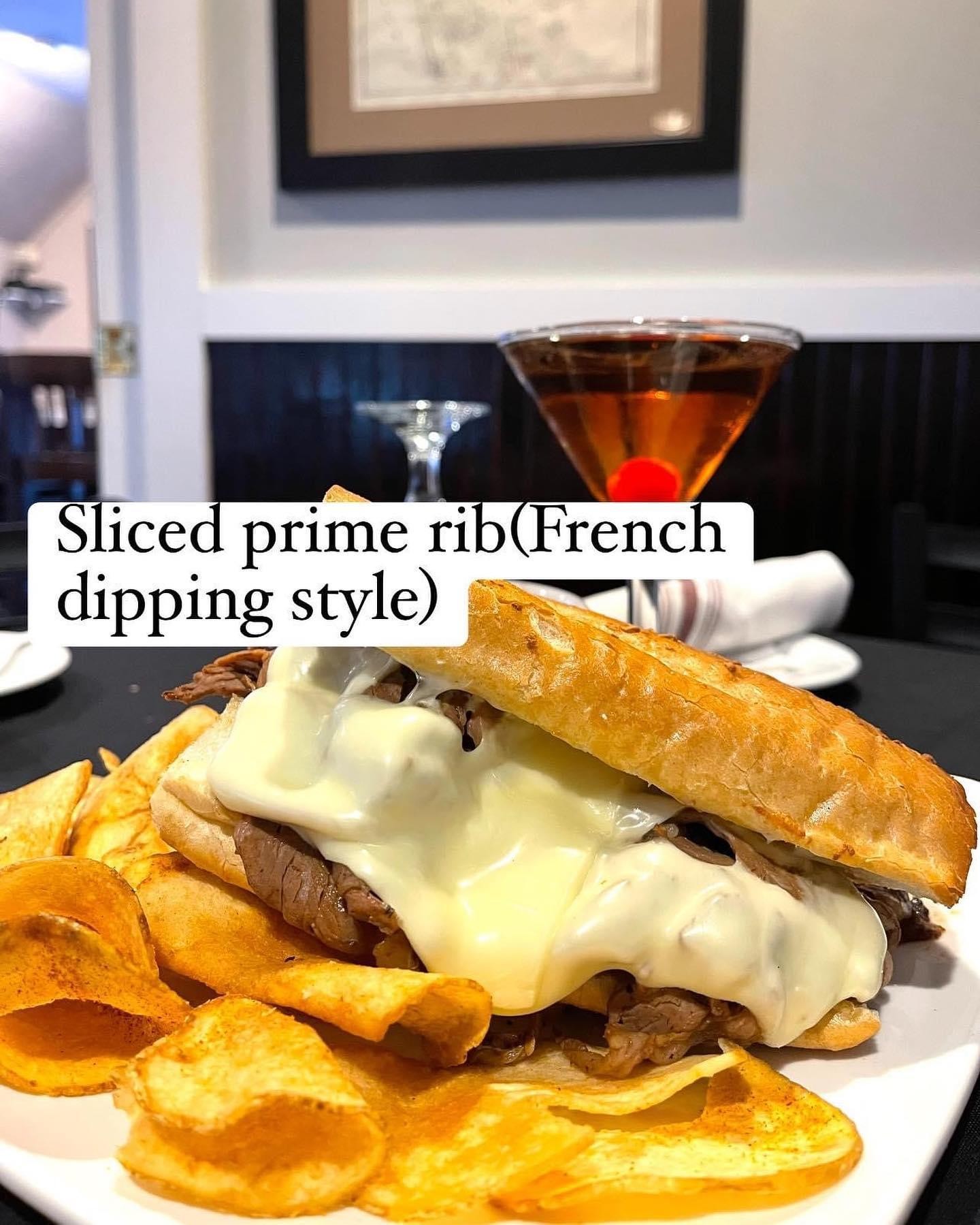 Cheesy Prime Rib French Dip Sandwich