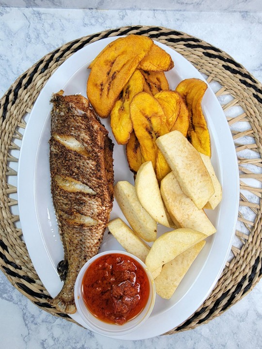 FRIED YAM / PLANTAIN PLATTER (yam/plantain, fried pepper sauce, fried fish/meat)