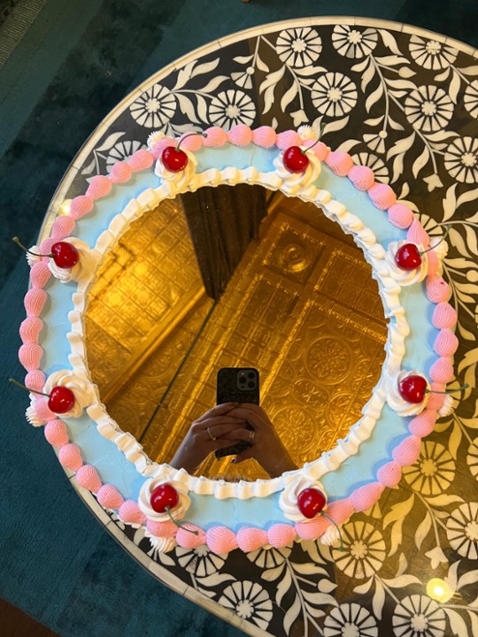 Cake Mirror- 12inch mirror, 16inch total diameter-blue/pink cherry