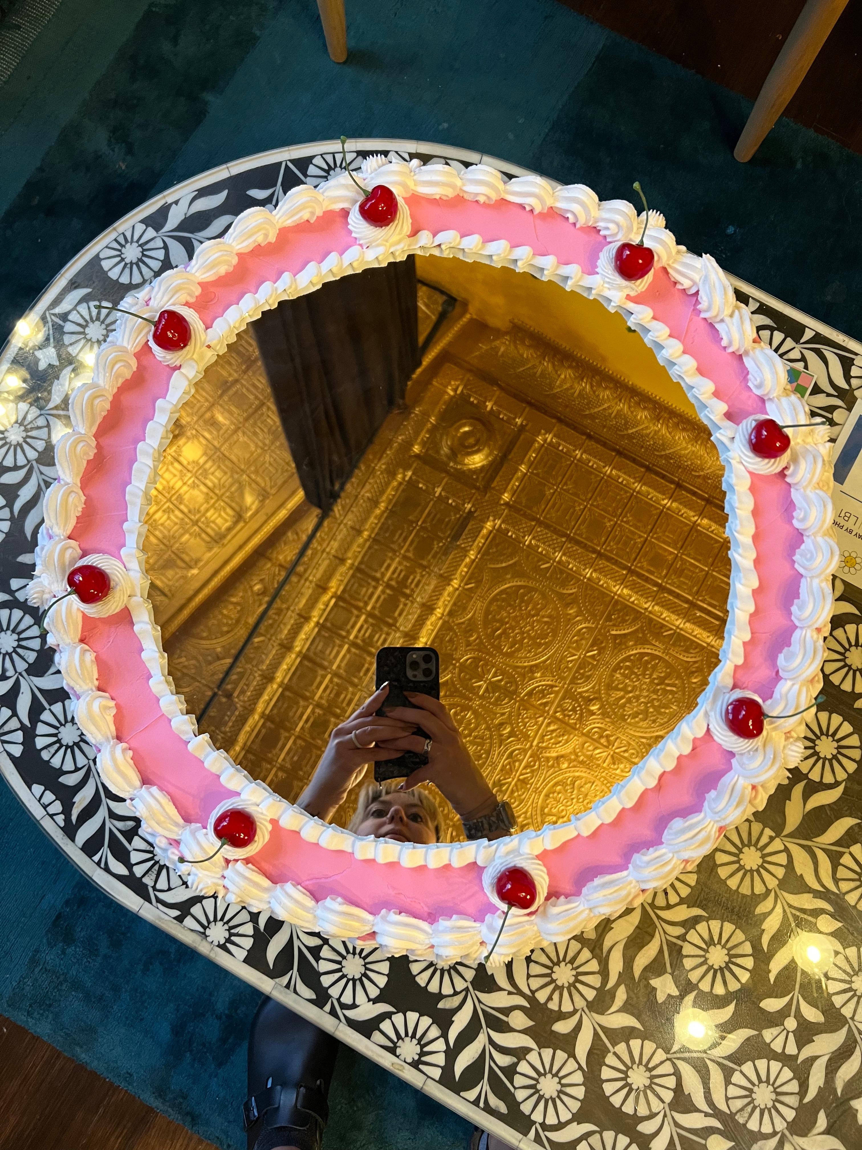 Cake Mirror-16inch mirror, 20inch total diameter-pink/white cherry