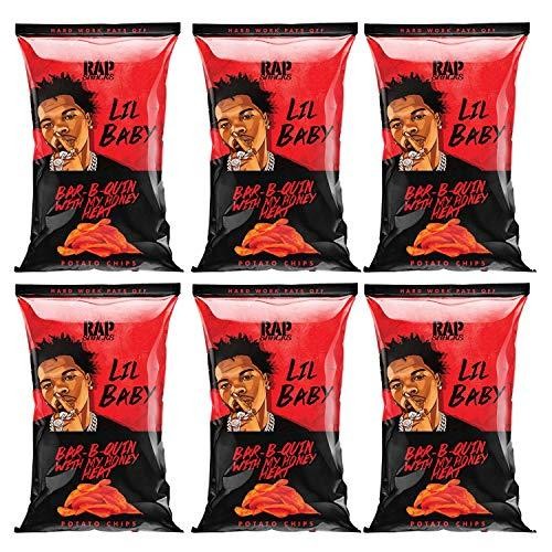Rap Snacks Flavored Potato Chips and Popcorn Featuring Hip-Hop Stars (Pack of 6) (Lil Baby Bar-B-Quin with My Honey Heat Potato Chips)