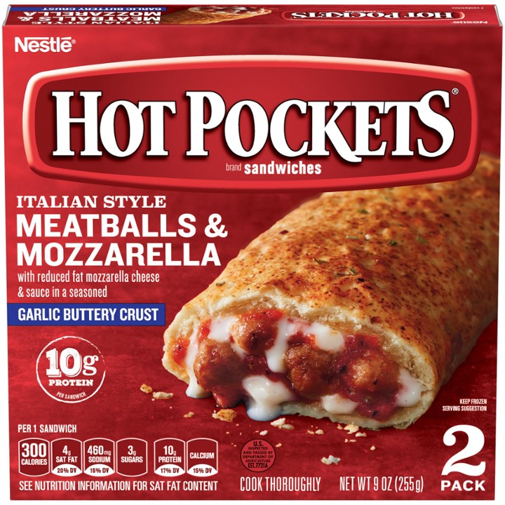 HOT POCKETS Meatballs & Mozzarella Frozen Sandwiches 2 Ct. Box  Frozen Food with Reduced-Fat Mozzarella Cheese