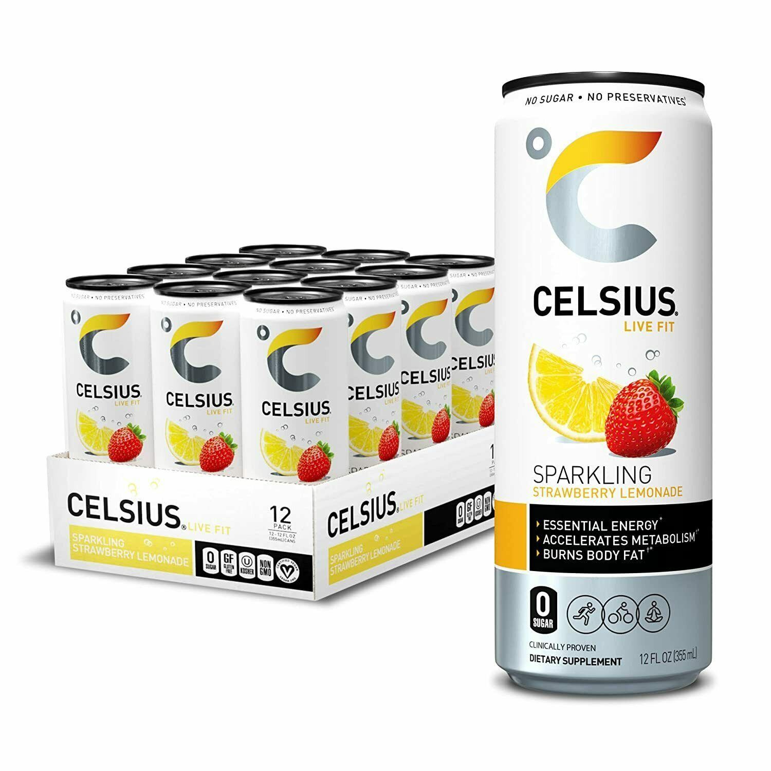 CELSIUS Essential Energy Drink 12 Fl Oz, Sparkling Strawberry Lemonade 12 Pack
