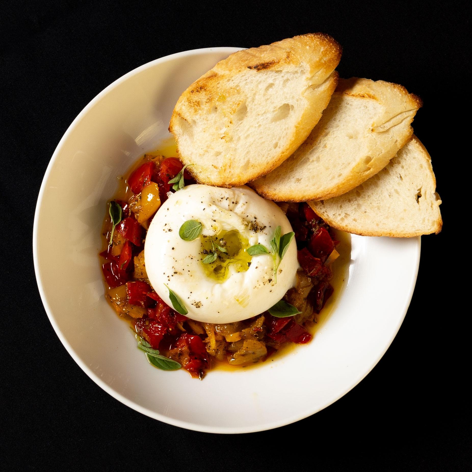 TOGO Warm Roasted Peppers and Burrata
