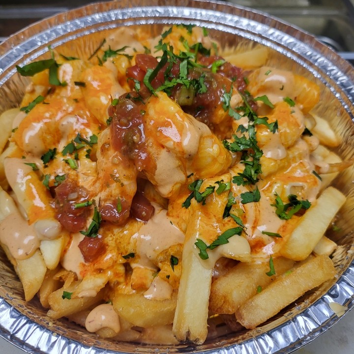 A la diabla shrimp loaded fries