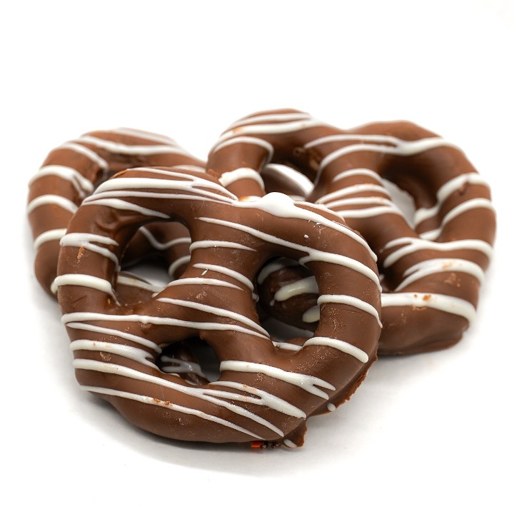 Milk Chocolate Dipped Pretzels with White Chocolate Drizzle