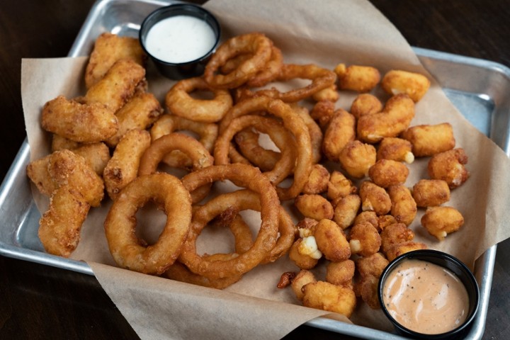 Sampler: Cheese Curds, Onion Rings, and Mac & Cheese Bites