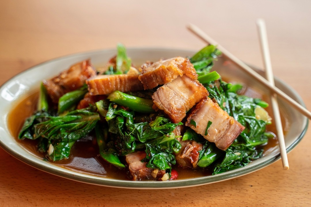 Stir Crispy Pork Belly with Chinese Broccoli with Jasmine rice