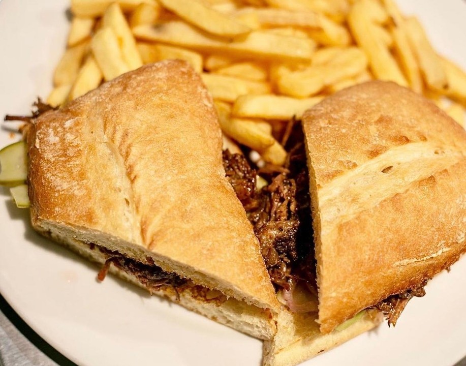 10 Hours Braised Pulled Beef Short Rib Sandwich with Pickled Vegetables Served with Fries or Salad