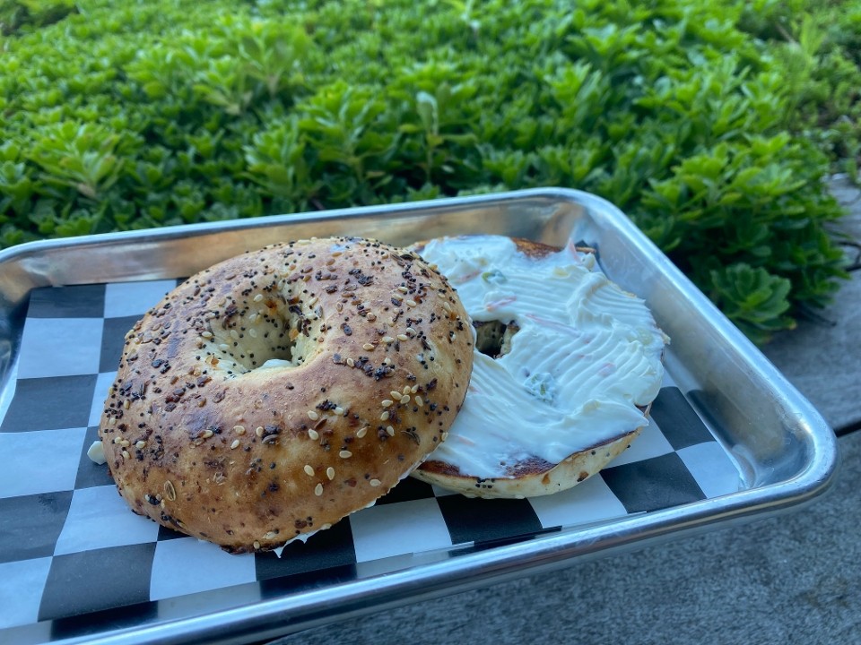 Toasted Everything Bagel and Veggie Cream Cheese