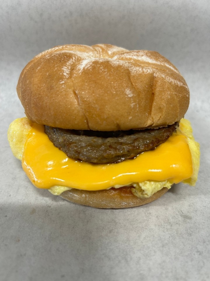Sausage, fluffy egg, American cheese kaiser roll