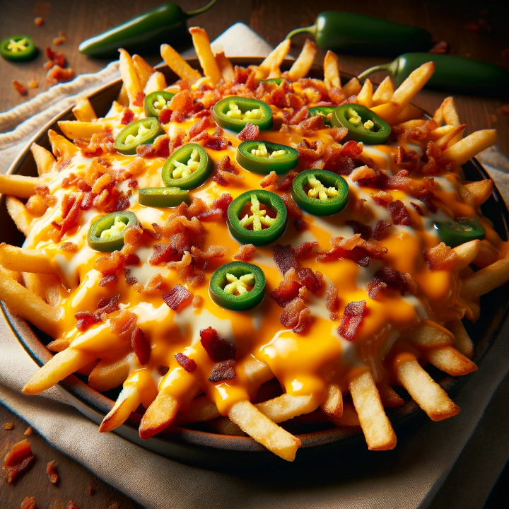 Loaded Cheese Fries  - Mozzarella, cheddar, bacon, & Jalapeños peppers