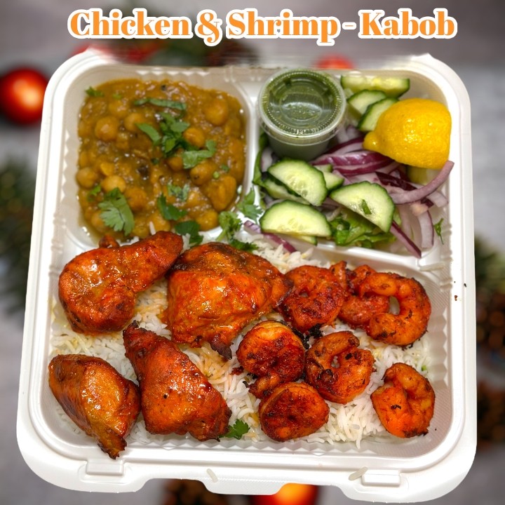 Two Meat:  Chicken (4pc) & Shrimp (8 - pc) -  Kabob Plater