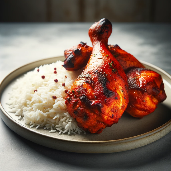 Lunch:  Chicken Over Rice - - (2-pcs) of Tandoori chicken & Rice  + Soda