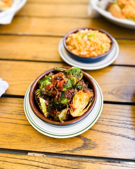 Crispy Brussels Sprouts with Tomato Bacon Jam