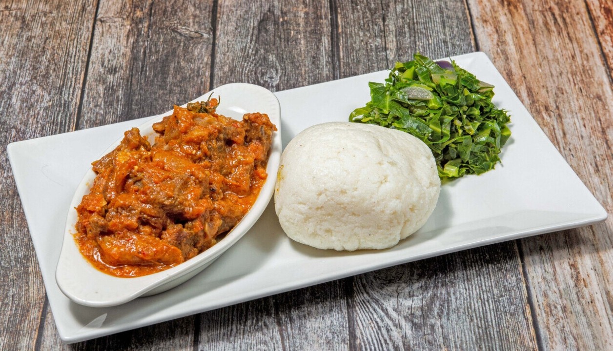 Ugali with Goat Wet Fry and Collard Greens