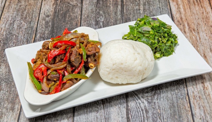 Ugali with Goat Dry Fry and Collard Greens