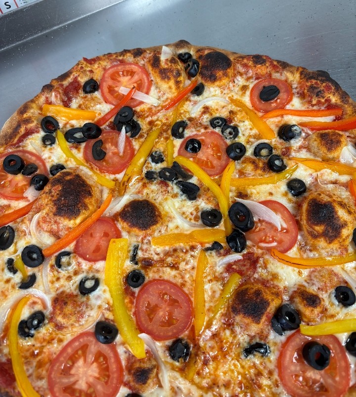 Veggie Pizza - Shredded Mozzarella, Tomatoes, Sliced Onions, Sliced Peppers, Black Olives