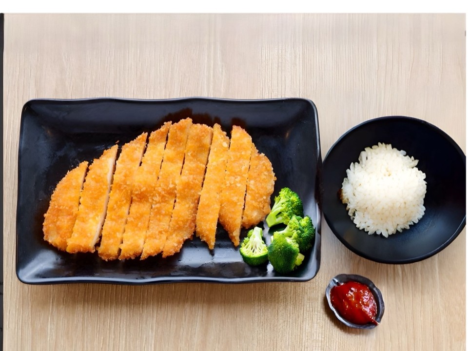 Chicken katsu with plain rice and steamed broccoli