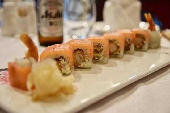 Salmon Lover Roll (salmon avocado on top, shrimp tempura inside)