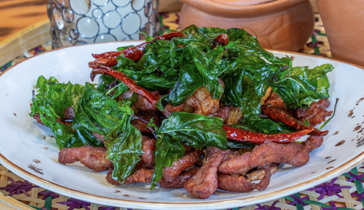 Pork Strips with Crispy Basil Leaves