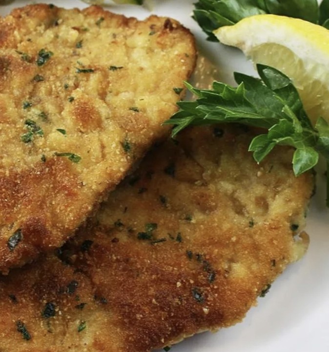Chicken Milanese for 4; includes Choice of Salad, Choice of Side, and Dinner Rolls
