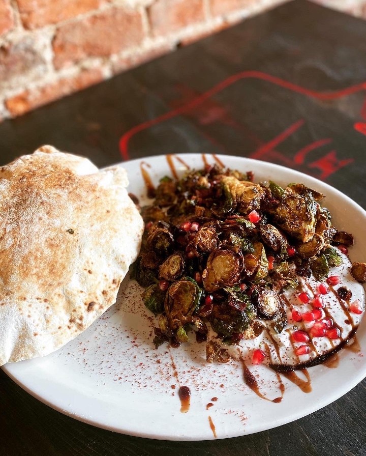 Heavenly Brussels With Pomegrante Seeds And Freshly Baked Pita