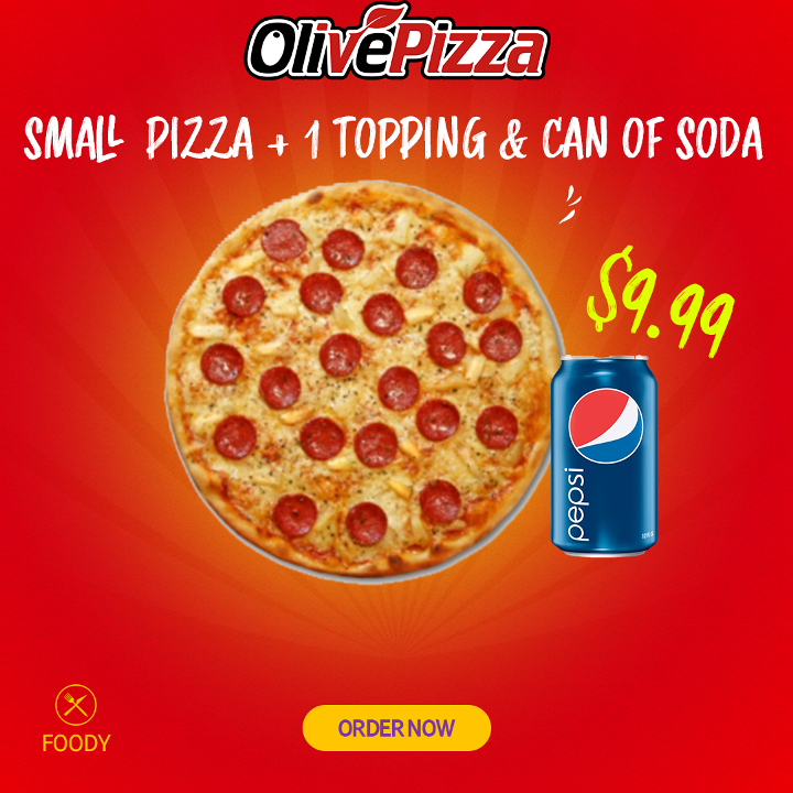 Small Pizza + 1 Topping & Can of soda
