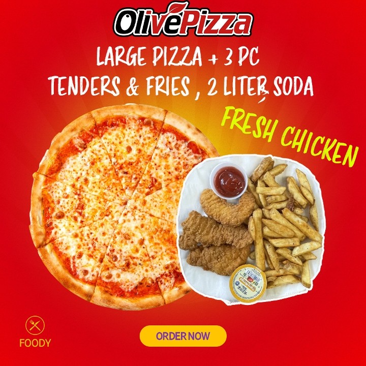 1 Large Cheese Pizza , Kids 3 PC Tenders & Fries, 2L Soda