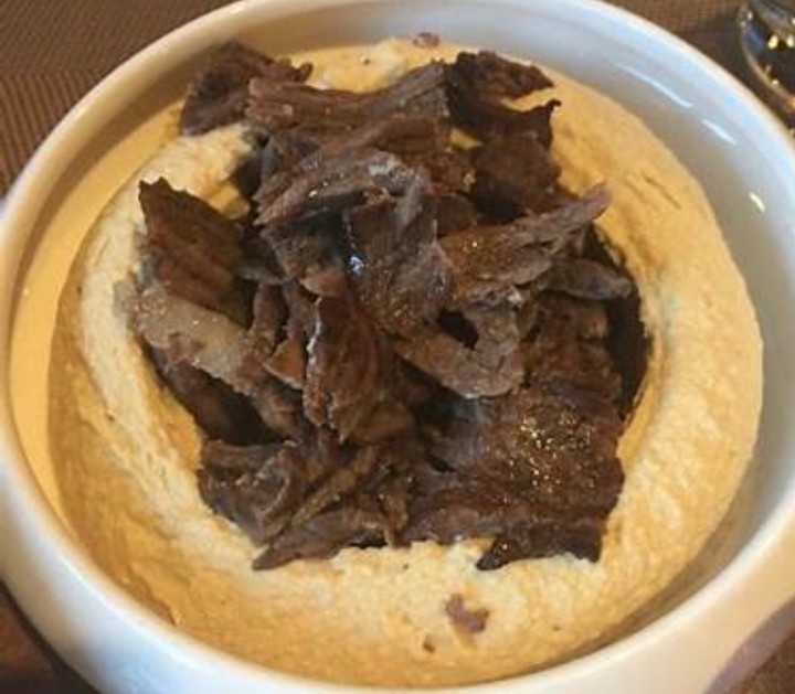 Steak Shawarma over Hummus with Pita
