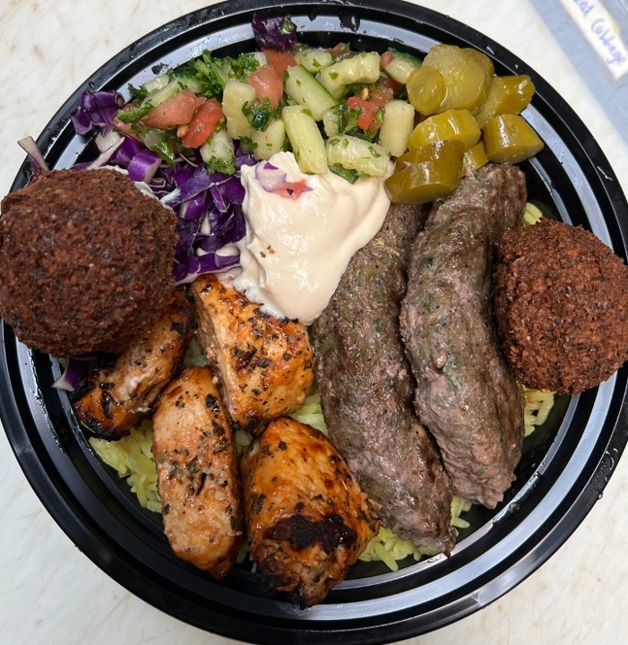 Desert Storm Bowl ( Kafta Kababs - Chicken Kababs - Falafel )