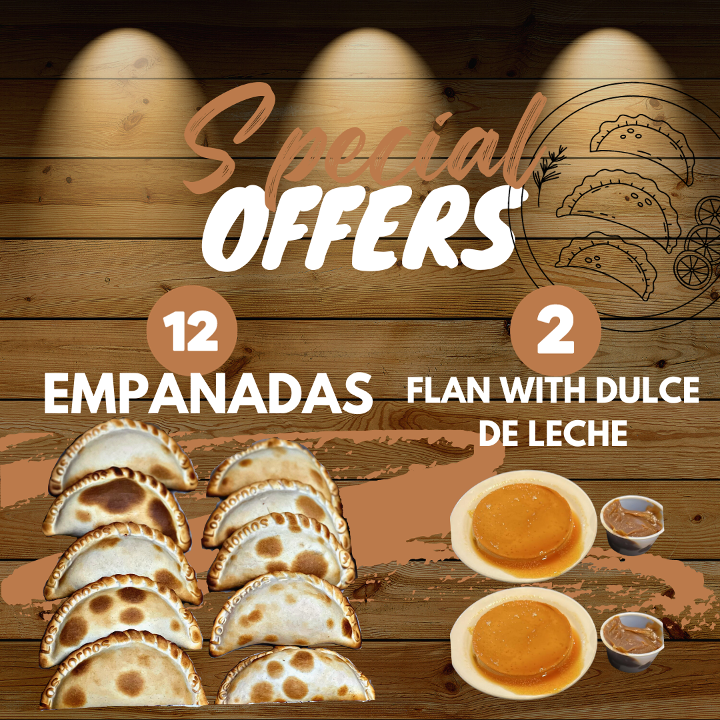 12 EMPANADAS + 2 FLAN WITH DULCE DE LECHE