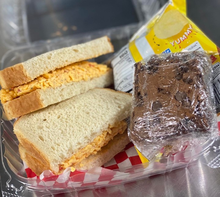 Pimento Cheese Box (pimento cheese sandwich, chips, and brownie)