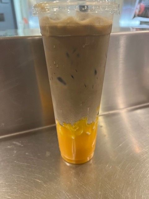 Houjicha Milk Latte with Homemade Mango Sauce