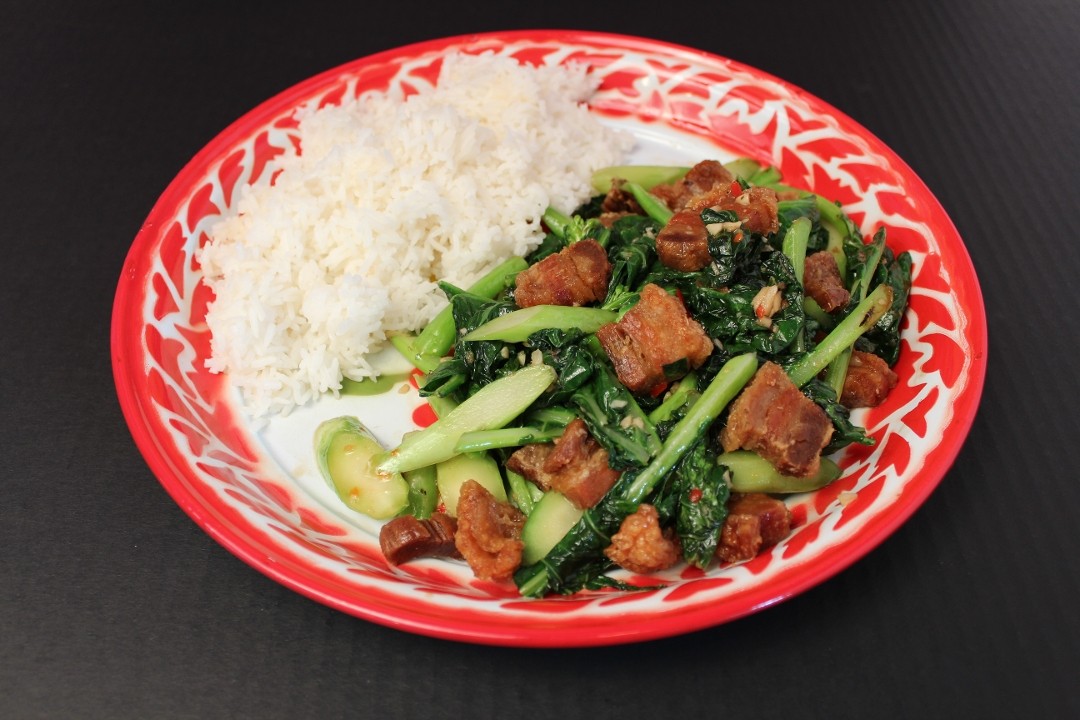 Crispy Pork Belly with Chinese Broccoli w/ Rice