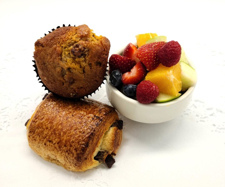 Butterscotch pecan muffin, chocolate croissant, fresh fruit & beverage