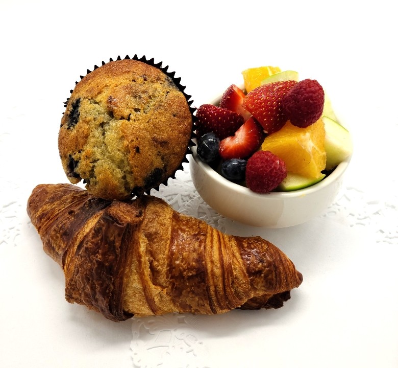 Blueberry muffin, croissant, fresh fruit & beverage