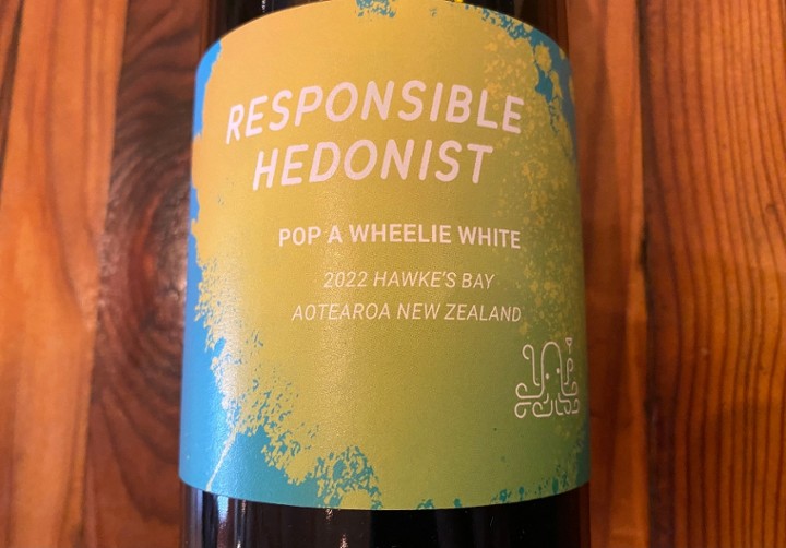 Chardonnay. Responsible Hedonist, "Pop a Wheelie White". New Zealand