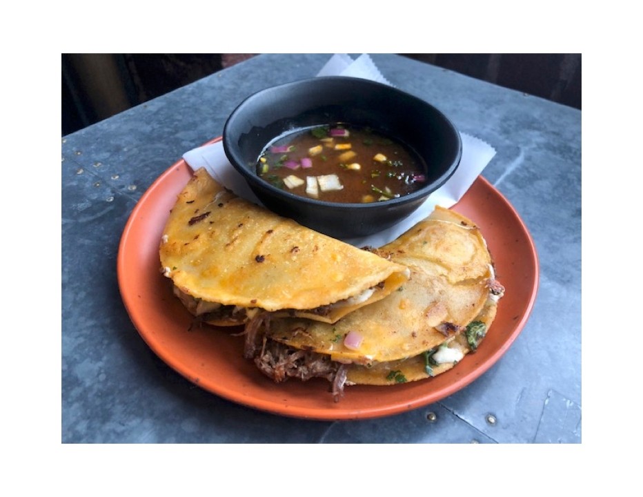 2 BEEF BIRRIA & QUESO TACOS W/ CONSOMMÉ.