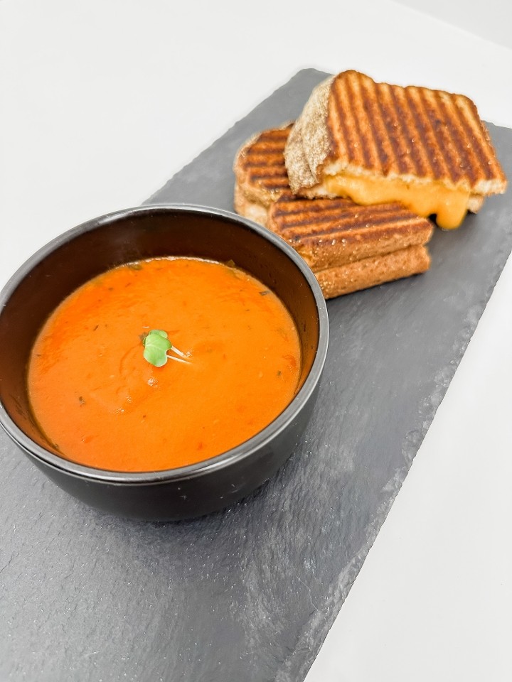 Tomato and Basil Soup with Grilled Cheese