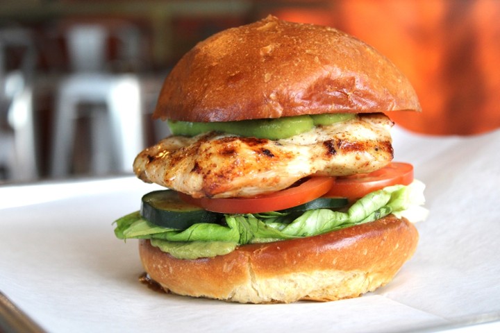 GRILLED CHICKEN BREAST SANDWICH + Honey-Mustard Glaze + Avocado Spread + Tomato + Cucumber + Lettuce + Brioche Bun