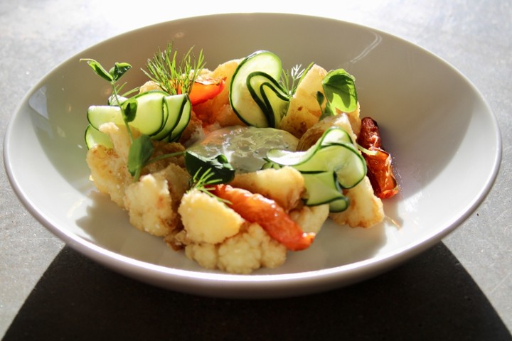 CRISPY CAULIFLOWER + Tzatziki Sauce + Confit Tomatoes + Cucumber Sunomono GF