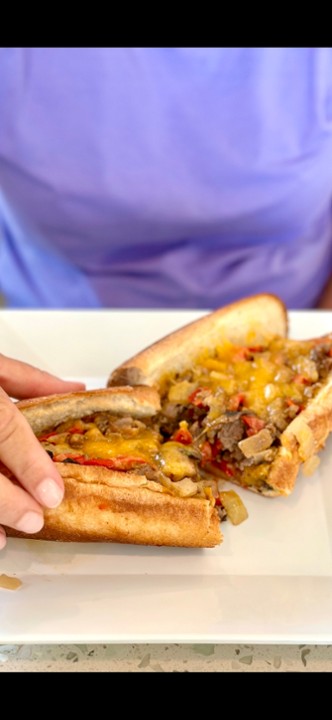 Philly Cheesesteak with Caramelized Onions, Peppers, and Mushrooms