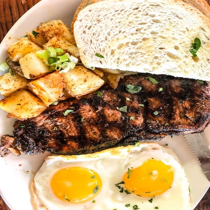 NY STEAK, EGGS, POTATOES, TOAST