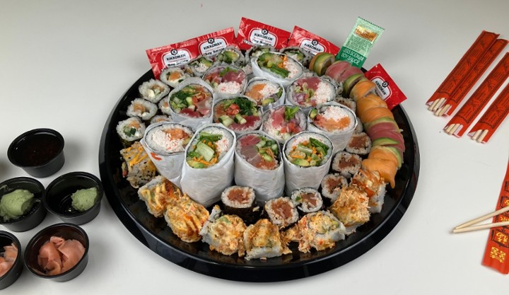 Assorted Sushi Wraps (12 pieces) and Assorted Sushi Rolls (40 pieces).