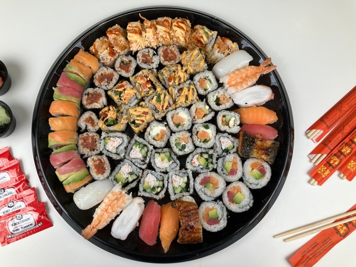 Assorted Sushi Rolls (52 pieces) and Nigiri  Sushi (12 pieces).